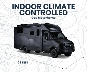 A black Mercedes-Benz Sprinter van with the text "INDOOR CLIMATE CONTROLLED Gas Motorhome" and "39 FEET" on a white background with a topographic map design.